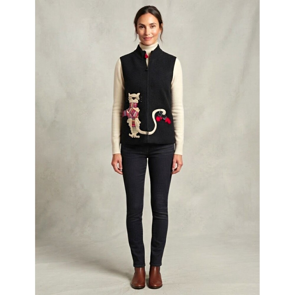 Women's Black Wool Tight-Knit Full Zip Mock Neck Embroidered Cat Vest Classic